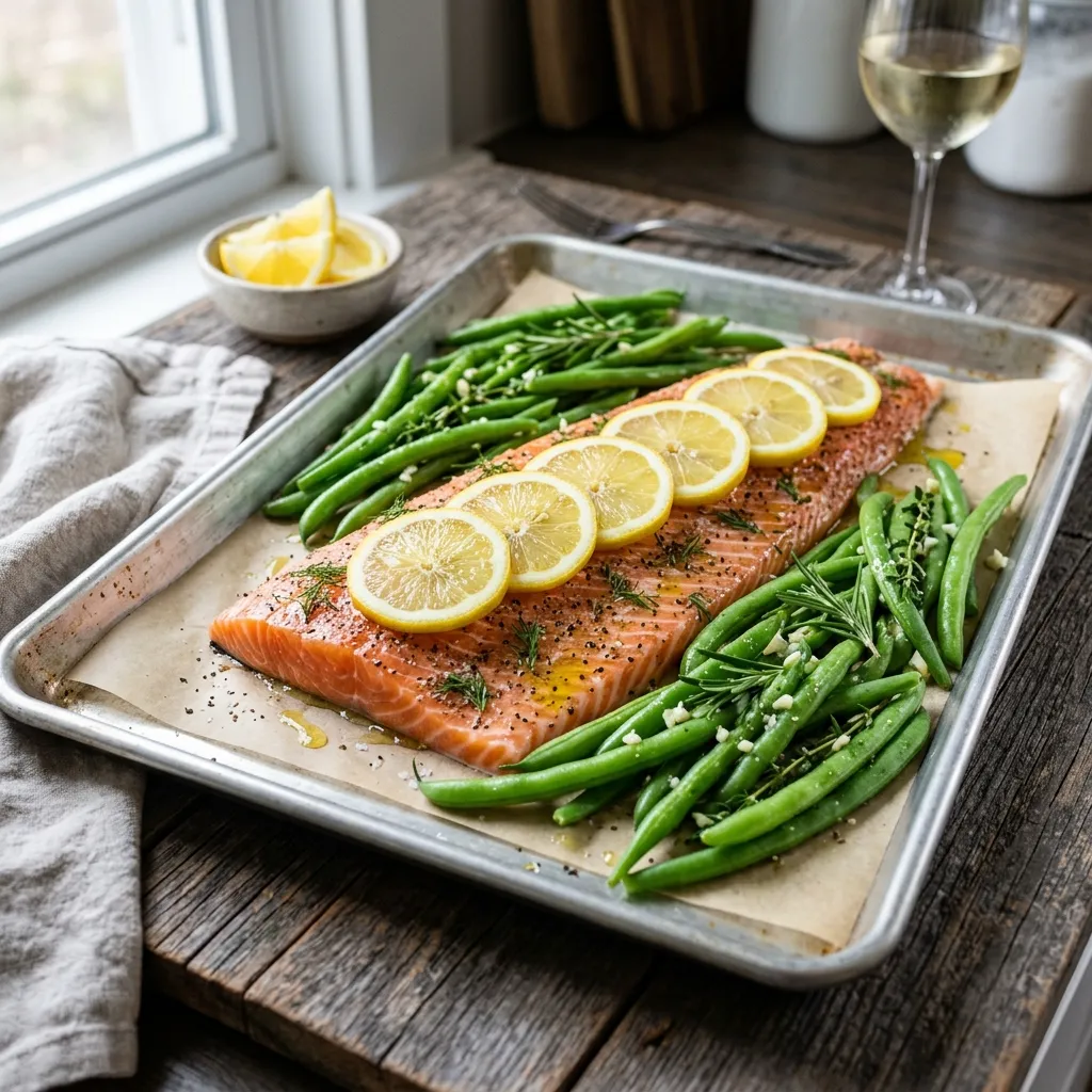 A silver baking sheet loaded with a large salmon fillet topped with lemon slices, surrounded by bright green beans.