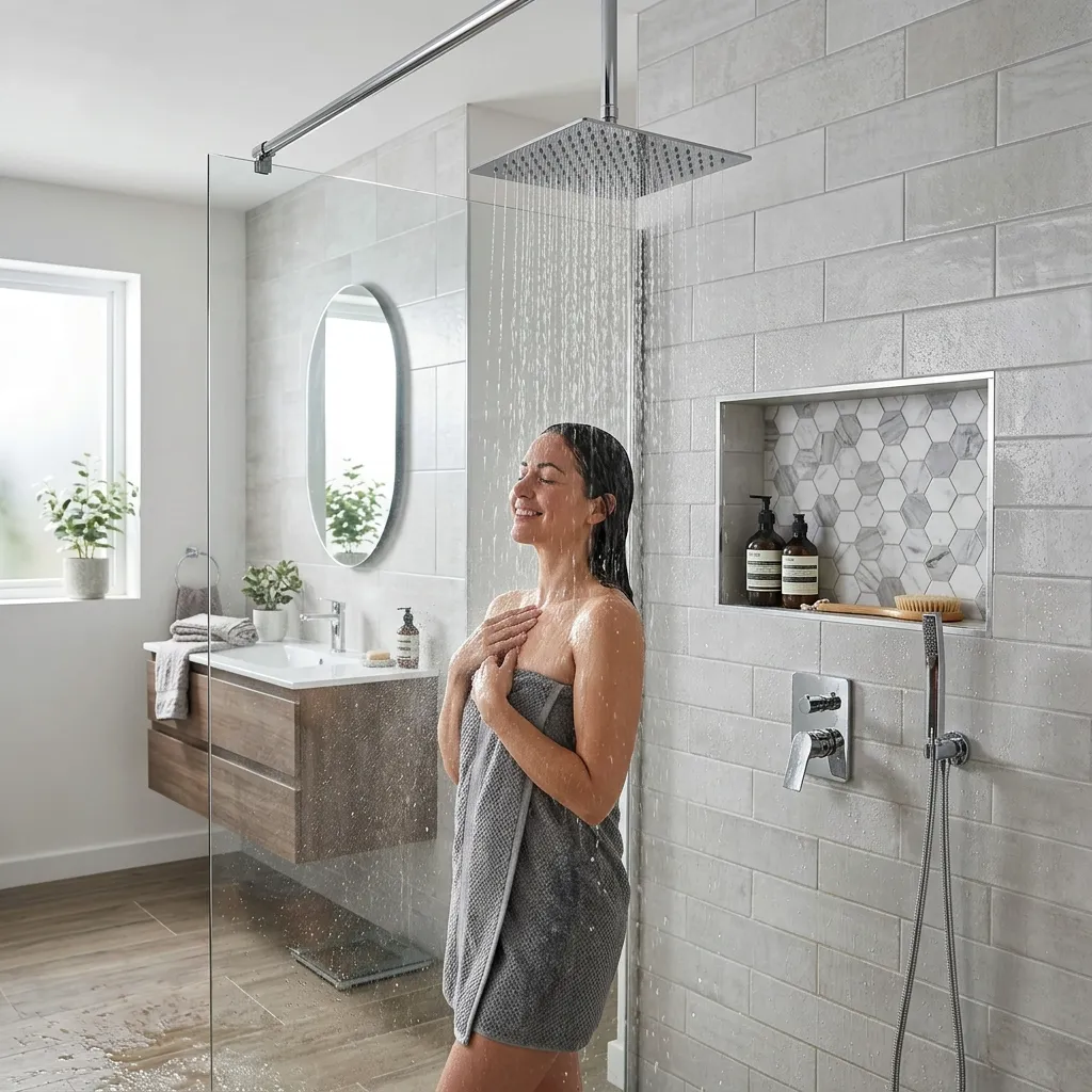 A sleek, modern rainfall showerhead in a beautifully tiled bathroom demonstrating affordable luxe home upgrades.