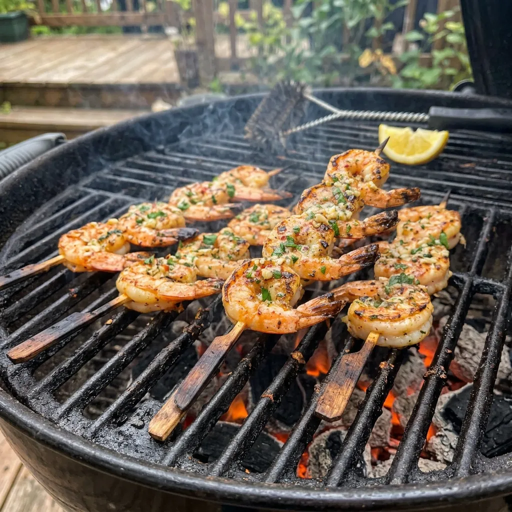 izzling garlic butter shrimp on wooden skewers sitting on a hot grill grates.