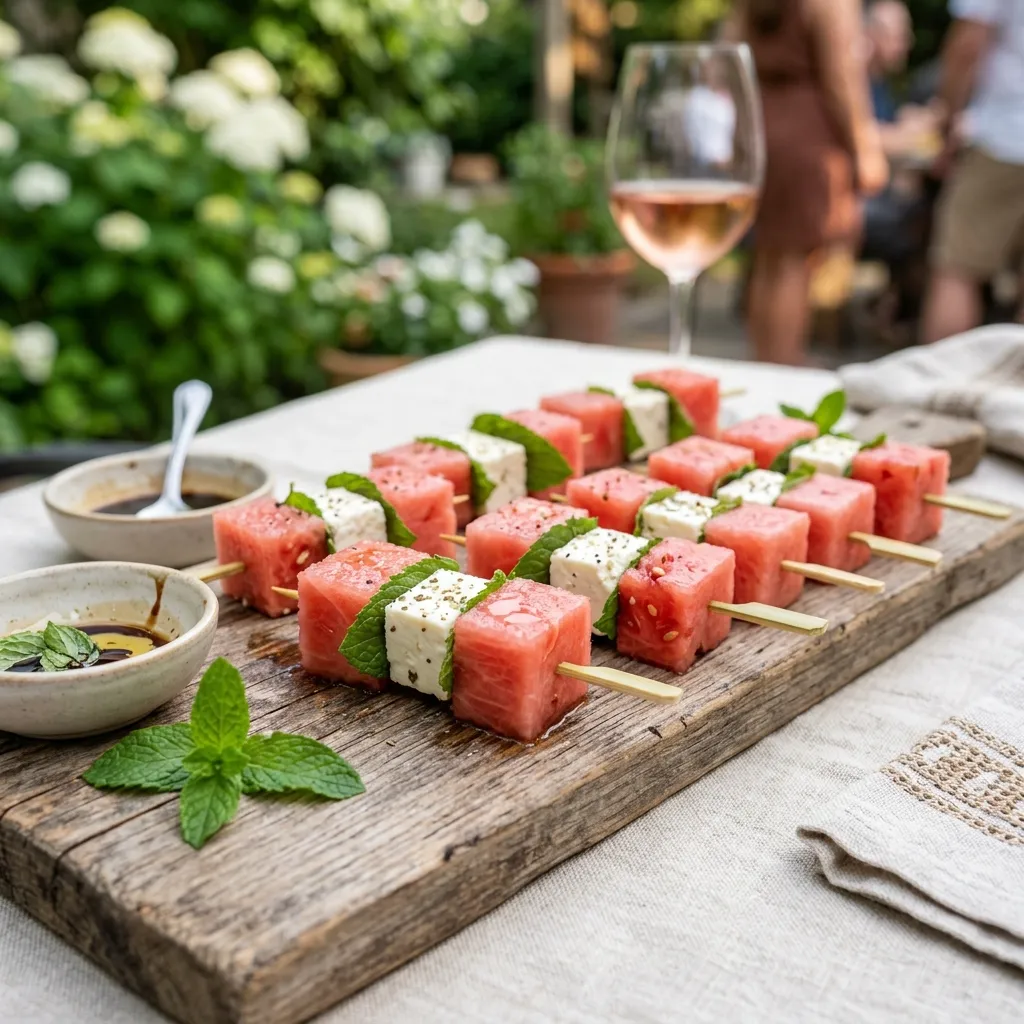 Bright pink watermelon cubes and white feta cheese squares threaded on small appetizer skewers with green mint leaves.