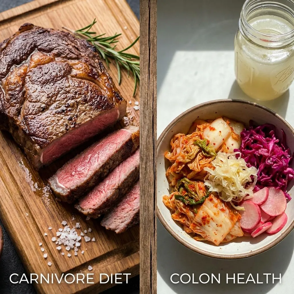 Fresh grass-fed steak and fermented sauerkraut illustrating the carnivore diet for colon health