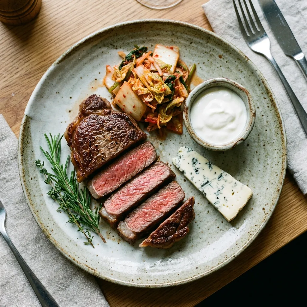 A complete meal of grass-fed ribeye steak with varied fermented foods supporting the carnivore diet for colon health