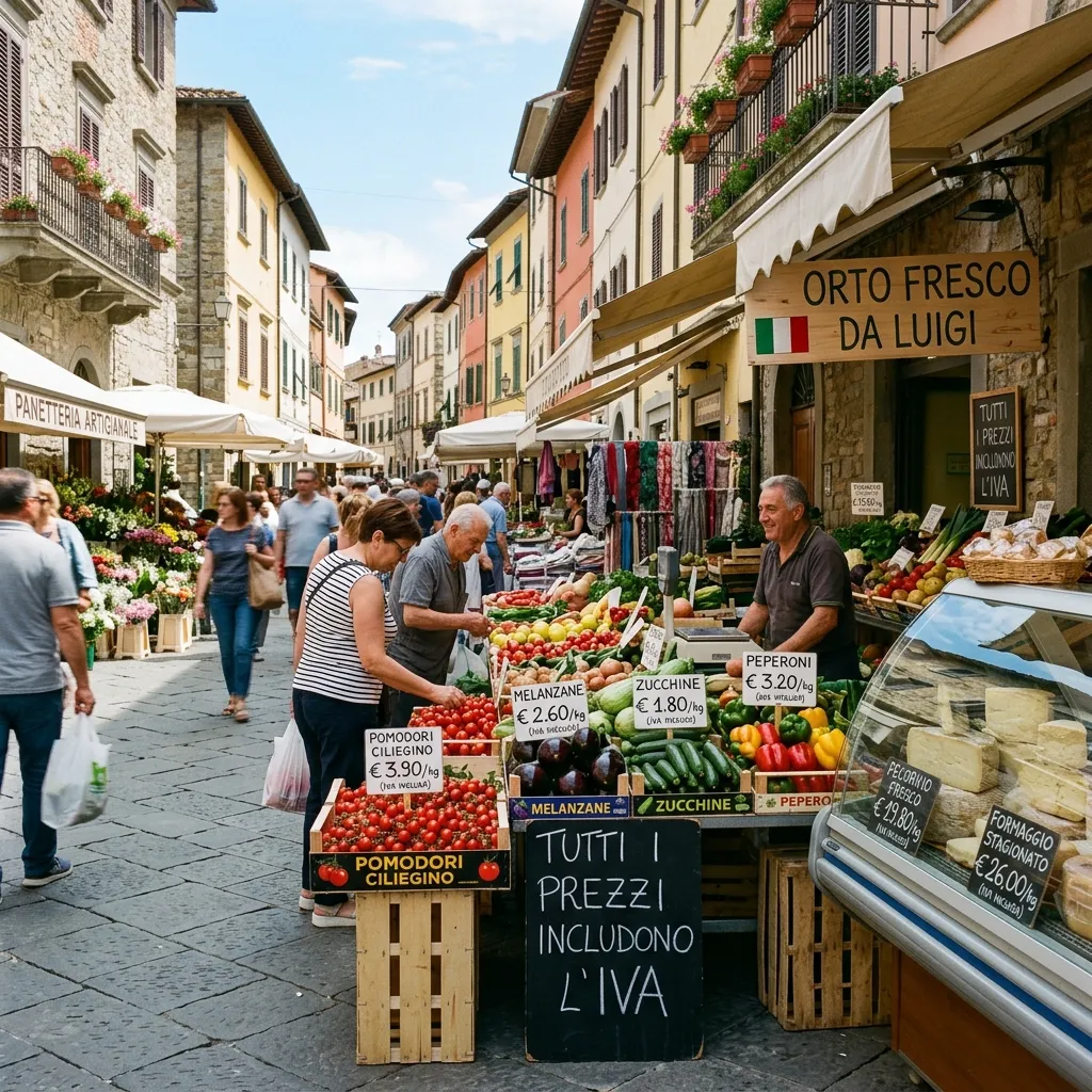 Modern European street market displaying clear tax-inclusive prices on produce and goods