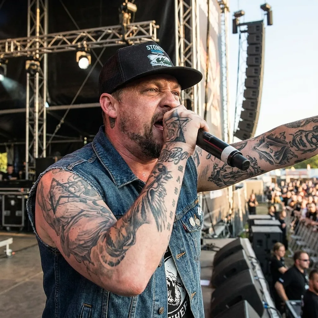 Heavily tattooed male rock vocalist wearing a denim vest and black trucker hat singing passionately into a microphone on an outdoor festival stage