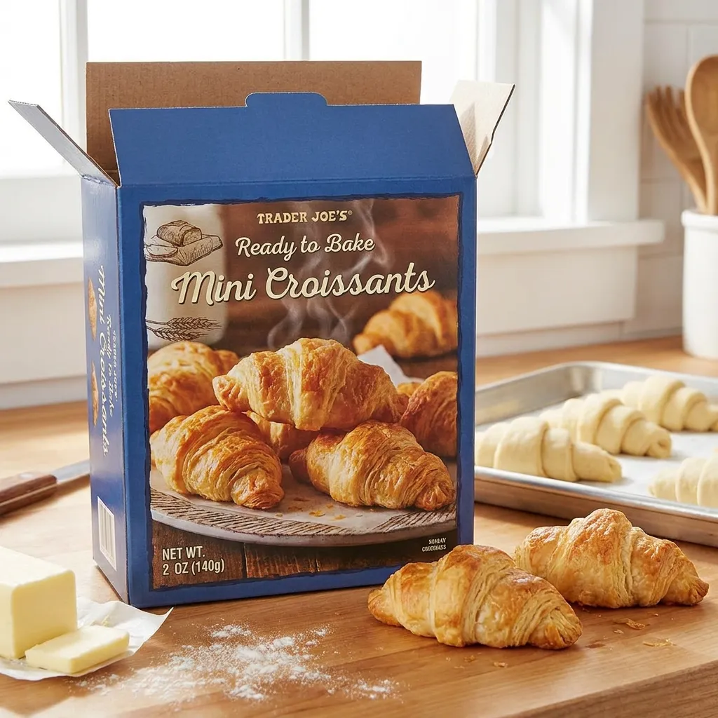 A blue box of Trader Joe's ready to bake mini croissants showing flaky pastries