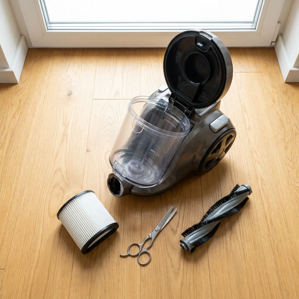Disassembled bagless canister vacuum cleaner on a wooden floor, showing the main body, clear dustbin, pleated filter, scissors, and roller brush for maintenance.