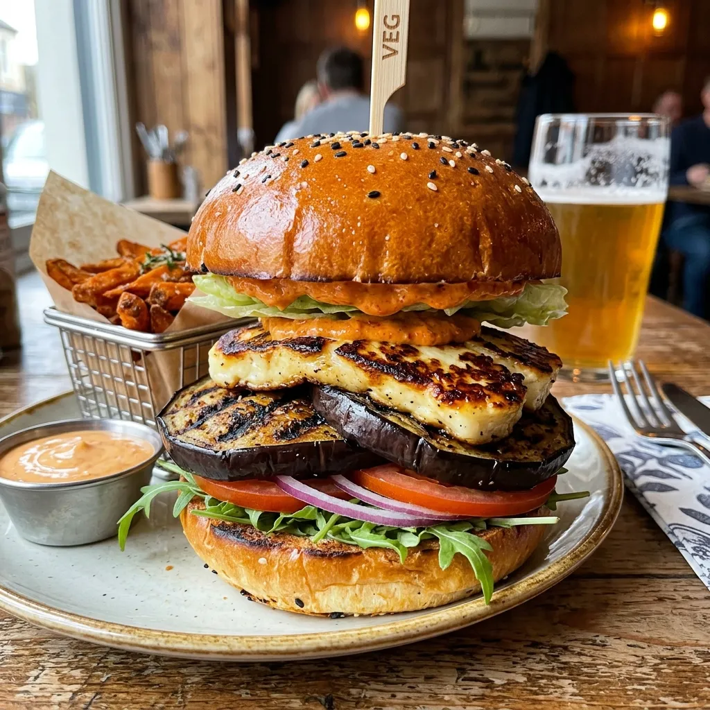 A juicy vegetarian burger featuring thick grilled eggplant and grilled halloumi cheese on a brioche bun.