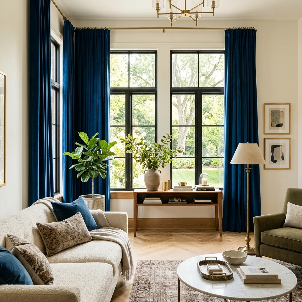 Tall windows framed by floor-to-ceiling velvet curtains illustrating clever and affordable luxe home upgrades for living rooms.