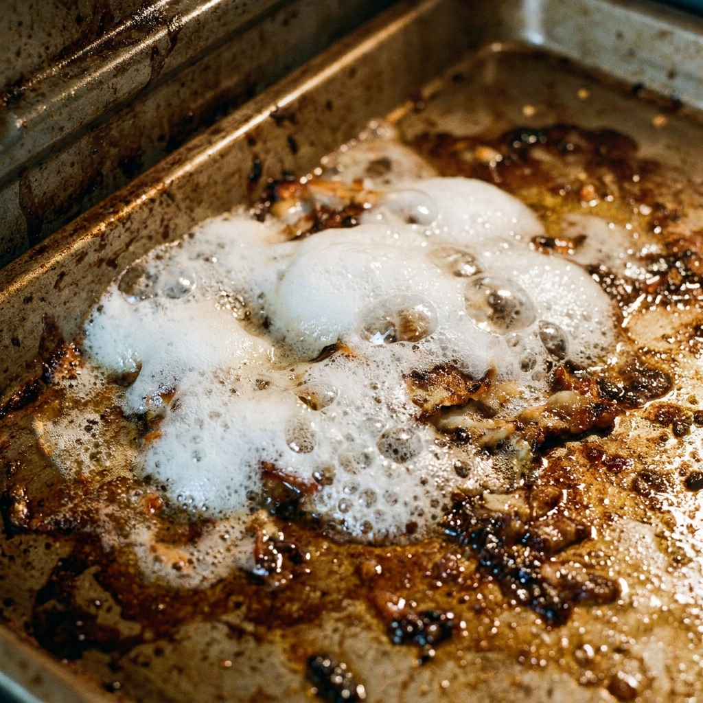 Close-up of a dirty baking pan covered in a bubbling white foam mixture, actively cleaning baked-on grease and grime.