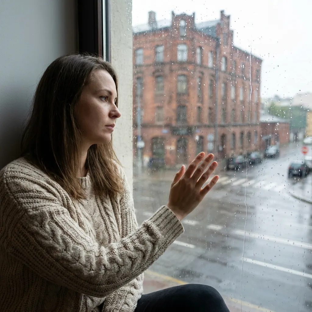 A thoughtful woman looking out of a rain-streaked window, representing the emotional journey of women betrayed by their partners.