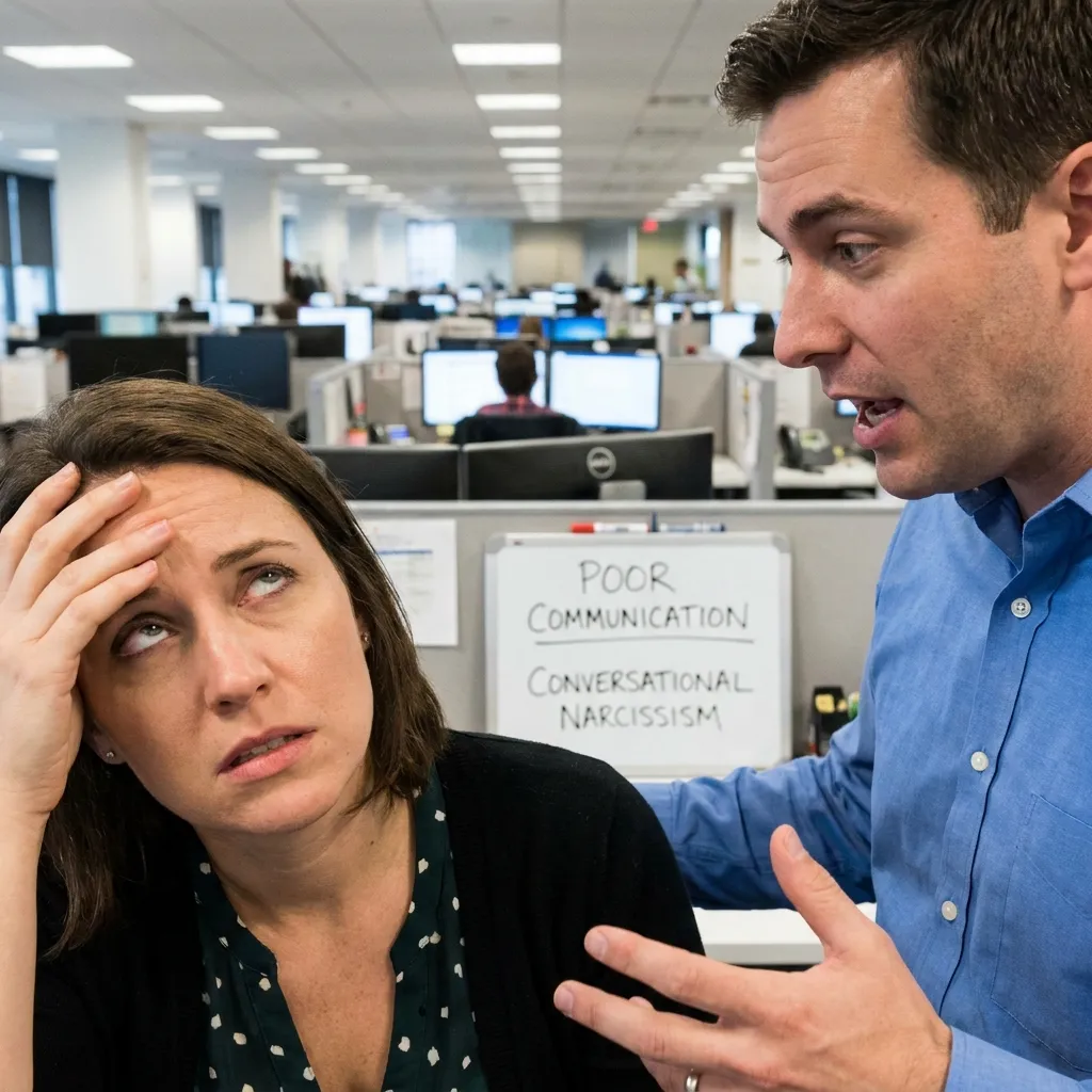 Frustrated woman rolling her eyes at a male colleague talking over her in an office setting, with a whiteboard reading Poor Communication Conversational Narcissism.