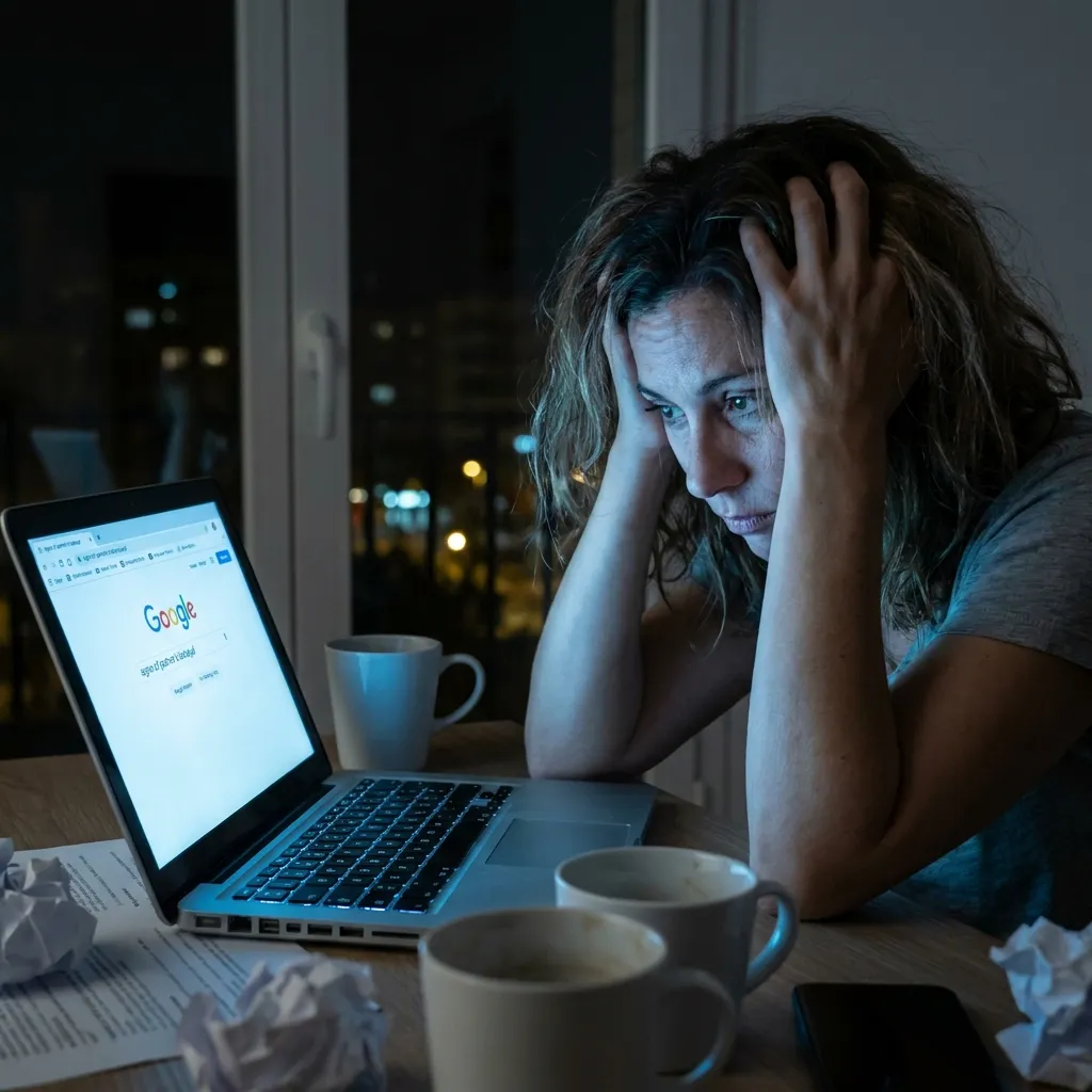 A stressed woman sitting in front of a glowing laptop screen at night, searching for answers (as seen in image_0.png), representing women betrayed by their partners.