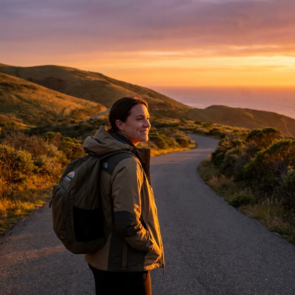 A photo of a confident woman standing on a beautiful, winding road at sunset, looking toward the horizon, symbolizing moving forward for women betrayed by their partners.