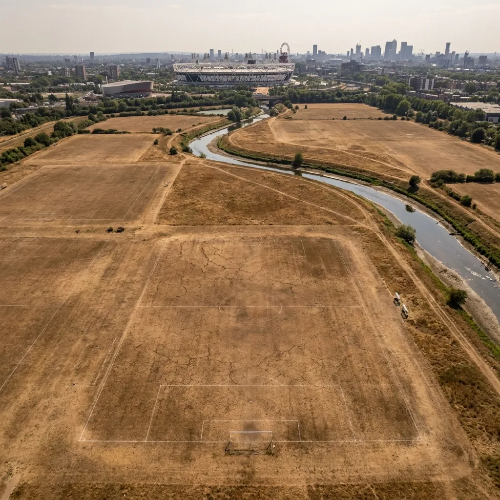 Aerial view of completely dried, brown, and heavily cracked football pitches in London during a severe drought, overlooking the London Stadium and city skyline.