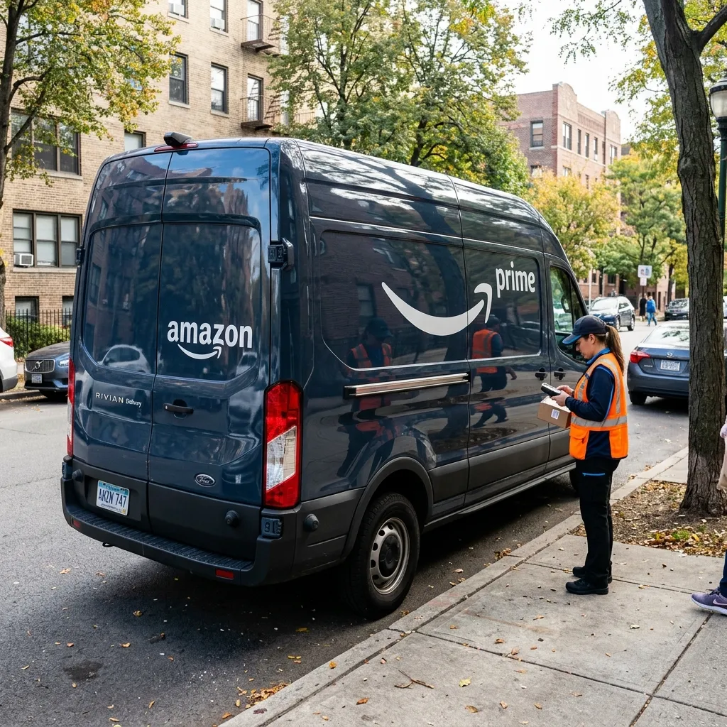 An Amazon Prime delivery driver in uniform standing on a city sidewalk, scanning a package next to a dark blue Rivian Amazon delivery van.