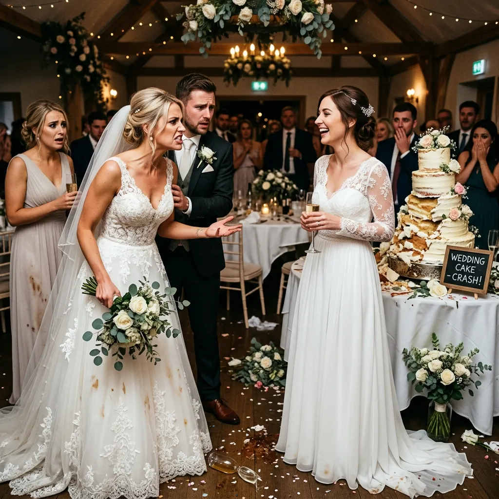 An angry bride in a wedding gown yells defensively at a laughing female guest who is inappropriately wearing a white dress. The groom attempts to hold the bride back in a messy reception hall surrounded by gasping guests.