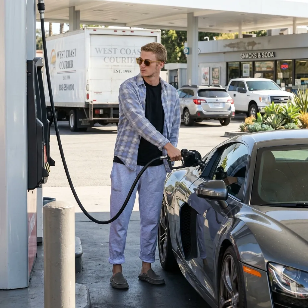 Austin Butler wearing a blue plaid overshirt, grey sweatpants, and sunglasses, pumping gas into a grey sports car at a gas station.