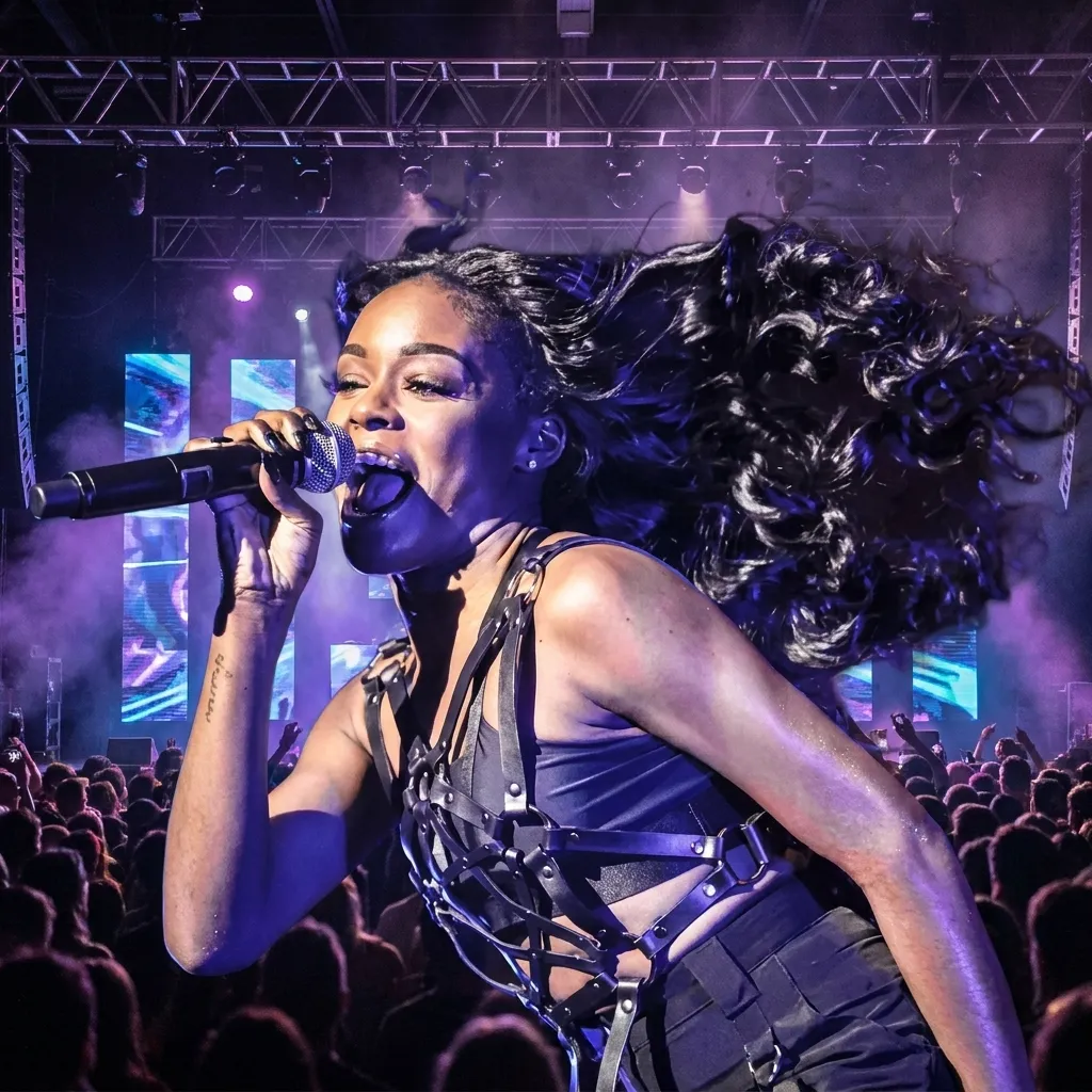 Azealia Banks singing energetically into a microphone during a live concert, wearing a black leather harness top