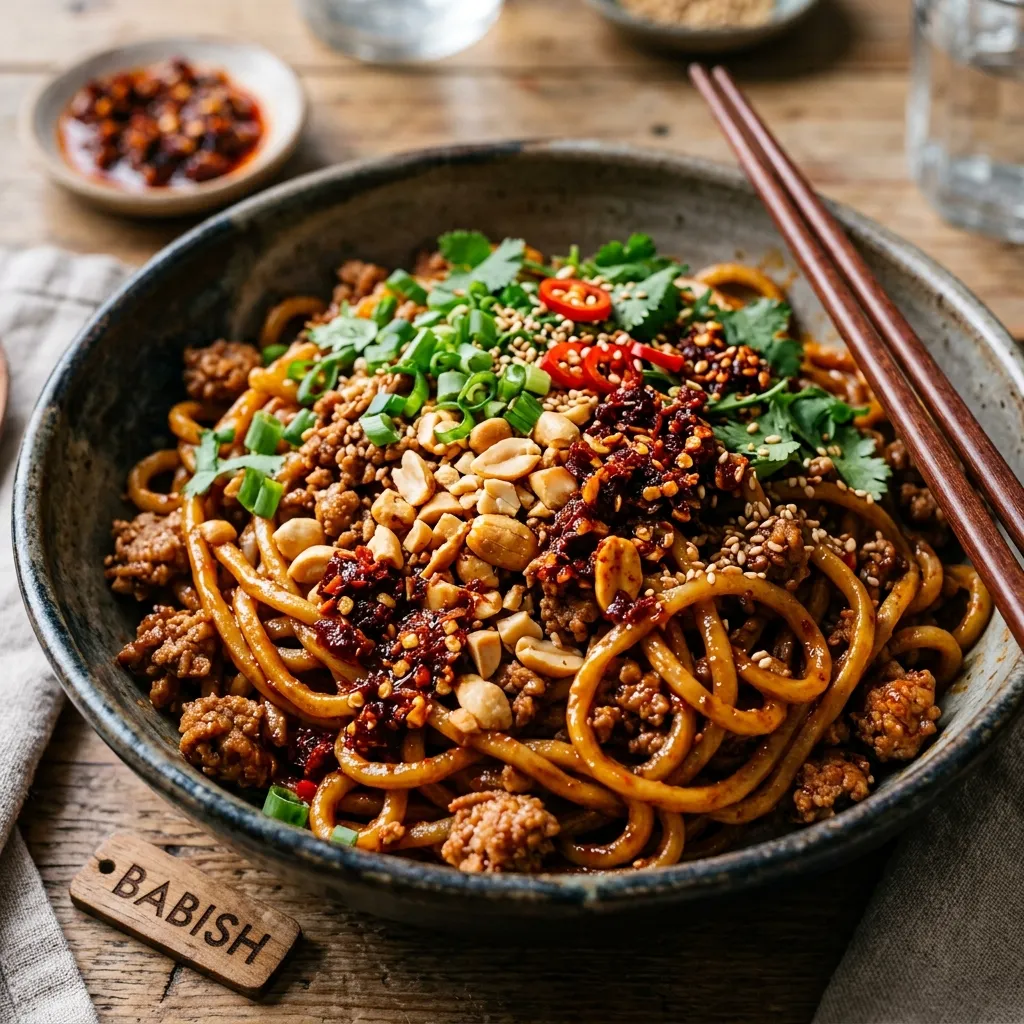 A close-up of a rustic bowl filled with spicy chili noodles, topped with minced meat, crushed peanuts, scallions, cilantro, and chili crisp.