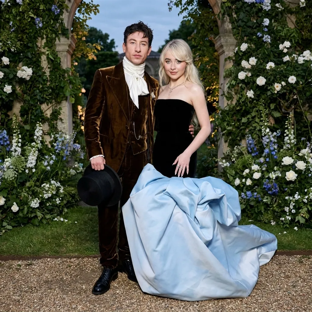 Barry Keoghan and Sabrina Carpenter posing in formal attire in front of a floral arch.
