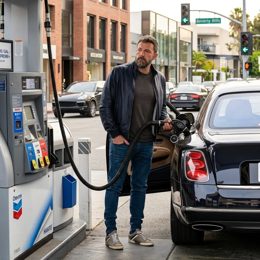 Ben Affleck wearing a blue jacket, grey t-shirt, and jeans, looking away while pumping gas into a dark-colored luxury car at a Chevron station.