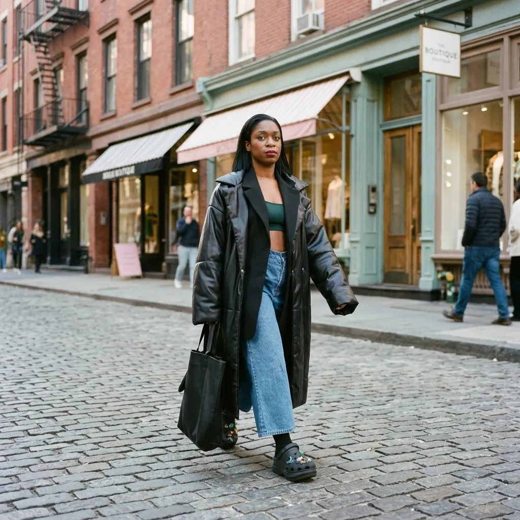Street style shot of a woman wearing a black leather coat, baggy jeans, and black chunky Crocs