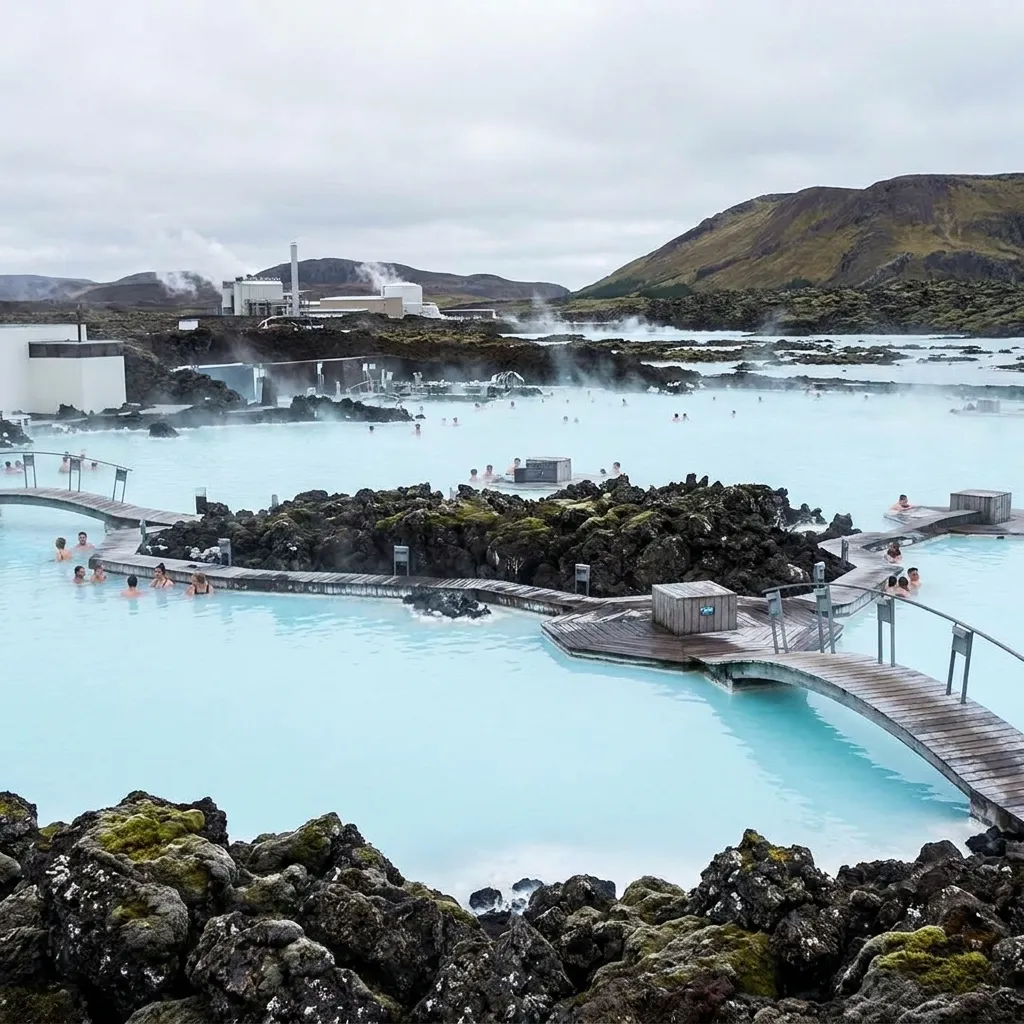 The famous milky-blue geothermal waters of Iceland's Blue Lagoon surrounded by black lava rock.