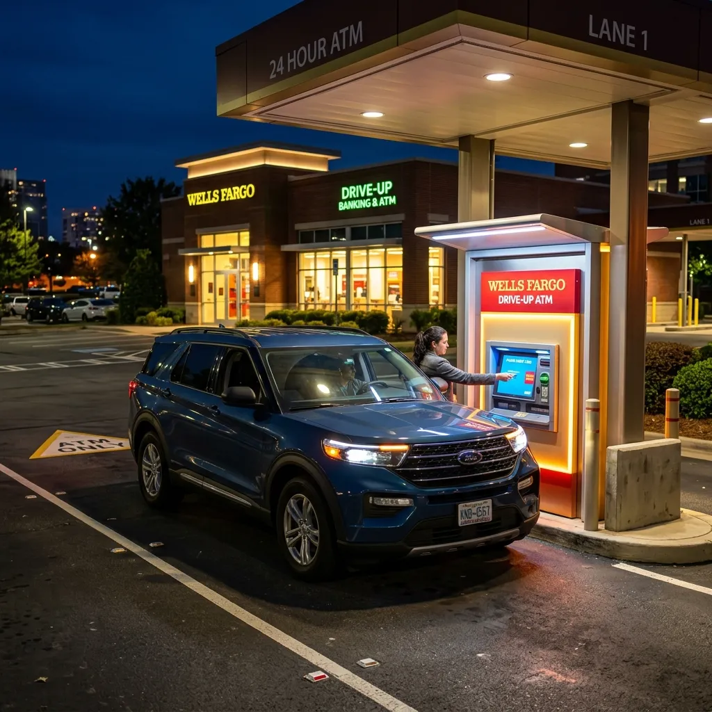 A driver in a blue Ford SUV reaching out the window to use an illuminated Wells Fargo drive-up ATM outside a bank branch at dusk.