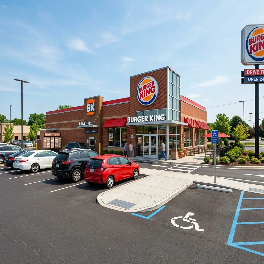 The exterior of a Burger King restaurant featuring a drive-thru window, a tall sign, and parked cars under a clear blue sky.