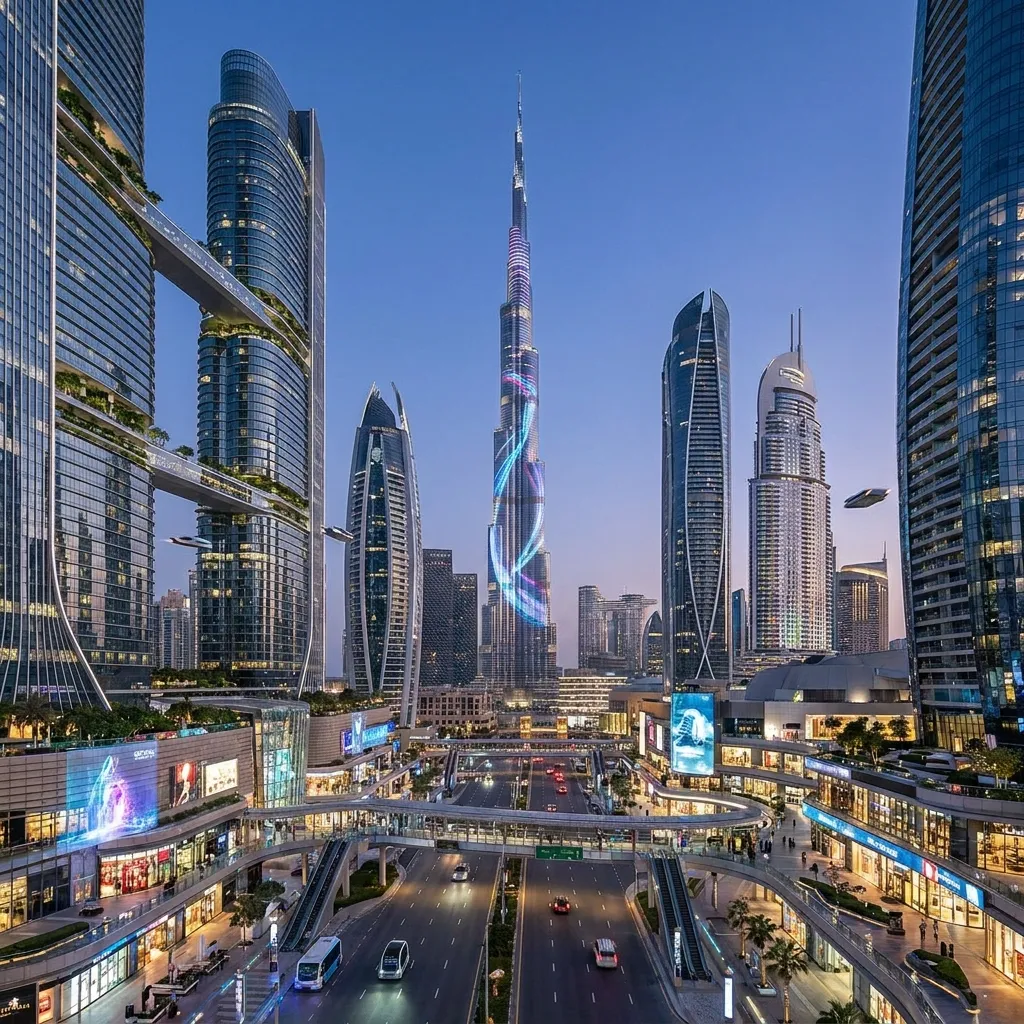 Futuristic urban skyline of Downtown Dubai showing modern skyscrapers and luxury commercial areas.