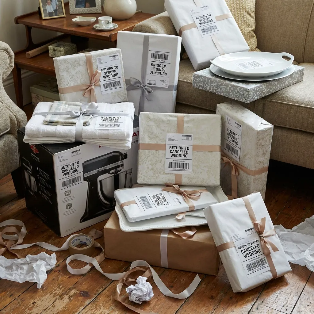 A chaotic pile of wrapped presents, boxed household items, and home goods on a wooden floor, each prominently displaying a shipping label that reads 'RETURN TO SENDER: CANCELED WEDDING'.