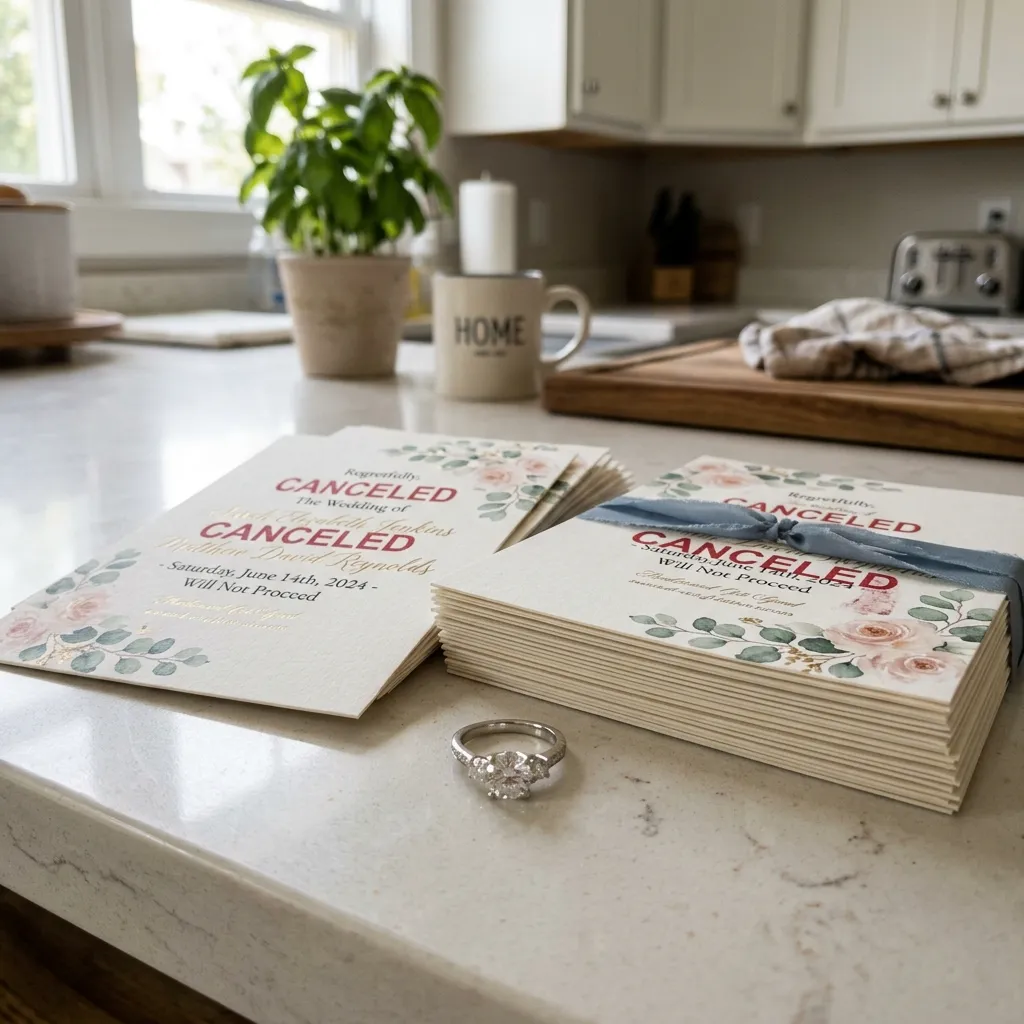 A diamond engagement ring resting on a kitchen counter in front of stacks of wedding invitations that have been stamped with the word 'CANCELED' in large red letters.