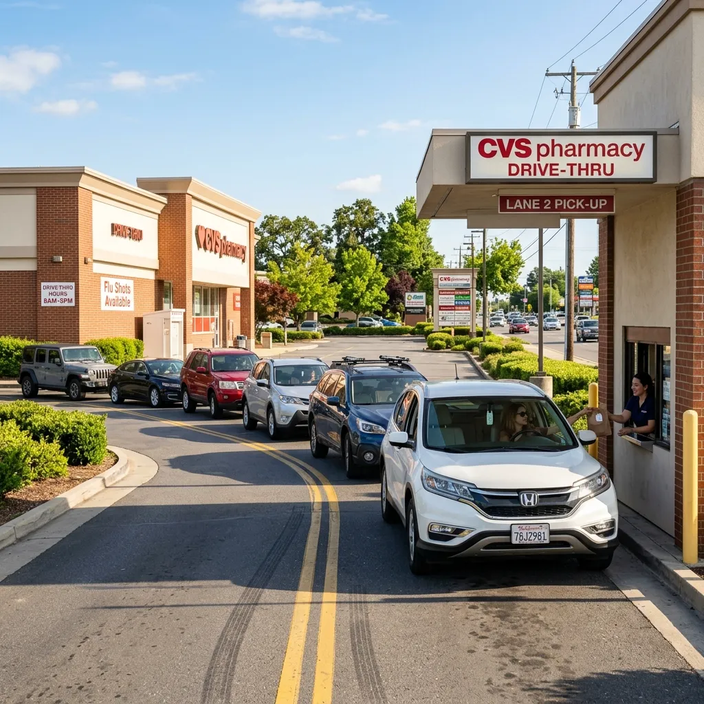 A line of cars waiting in the drive-thru lane of a CVS Pharmacy on a sunny day, with a cashier handing a brown paper bag to the driver of a white Honda SUV at the window.