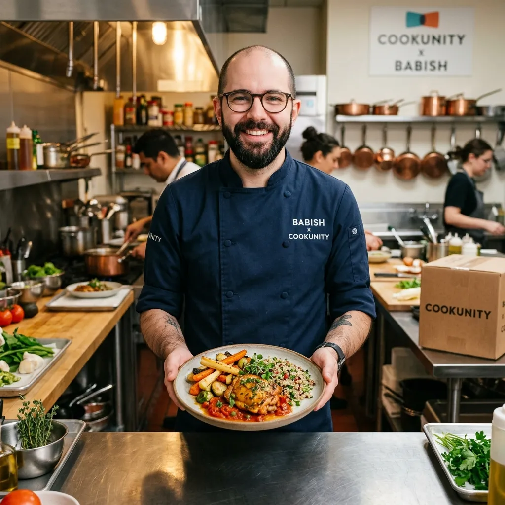 Chef Babish smiling in a CookUnity commercial kitchen, holding a freshly plated meal of roasted chicken, root vegetables, and quinoa.