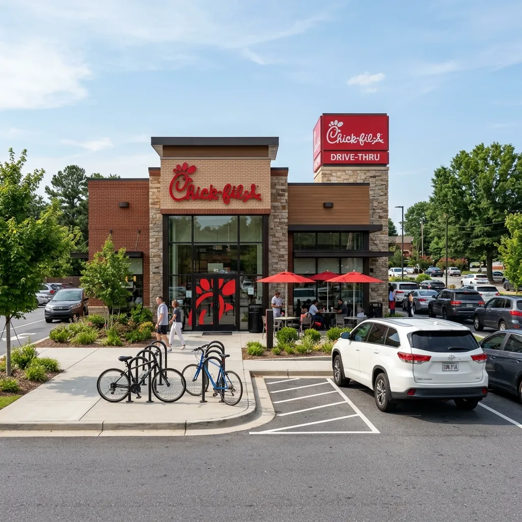 The brick exterior of a Chick-fil-A restaurant on a sunny day, showing customers on the patio, parked cars, and bicycles secured to a rack in the foreground.