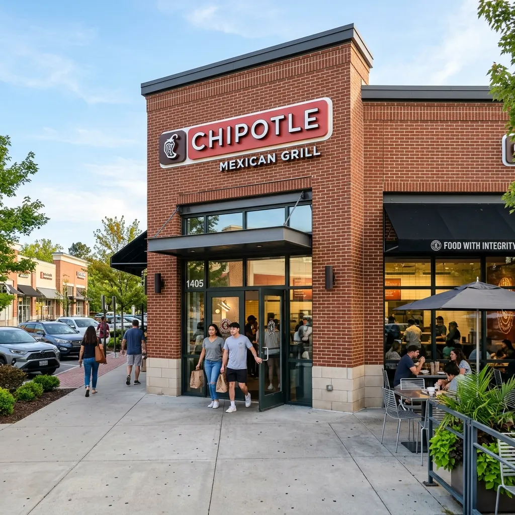 The brick storefront of a Chipotle Mexican Grill with customers walking out the front doors with takeout bags and others eating on the outdoor patio.