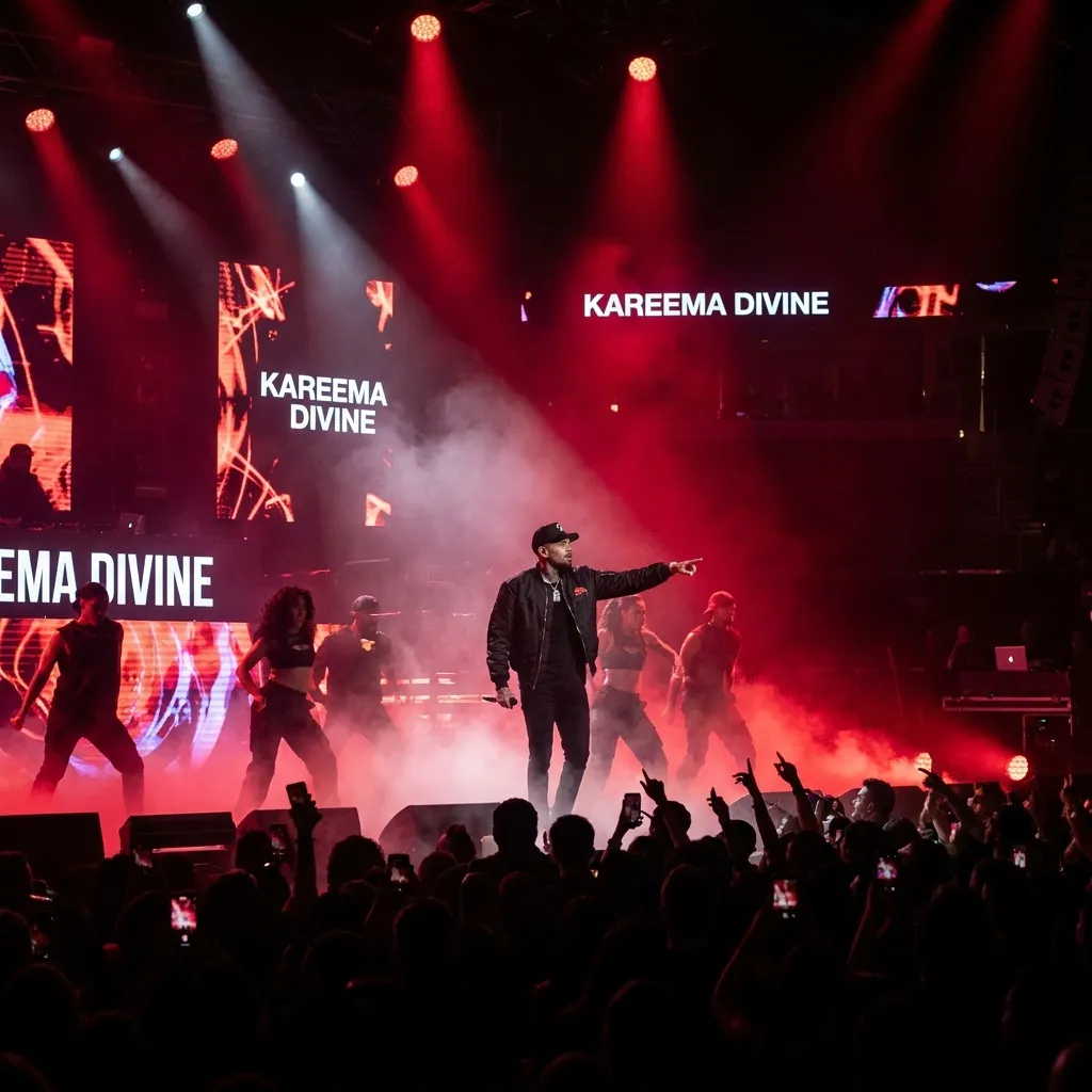 Chris Brown performing on stage with backup dancers and red lighting.