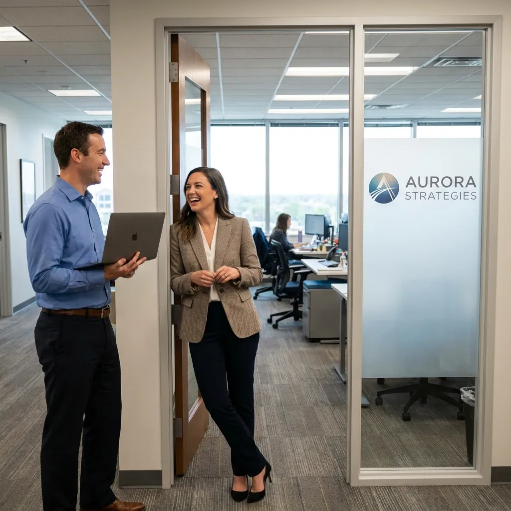Two smiling colleagues chatting in a glass office doorway.