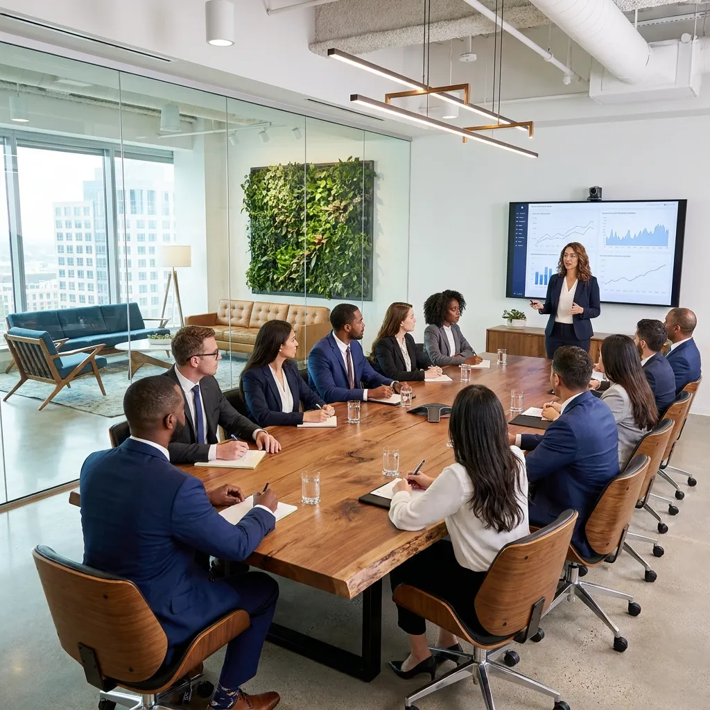 Businesswoman giving a presentation to colleagues in a modern boardroom.
