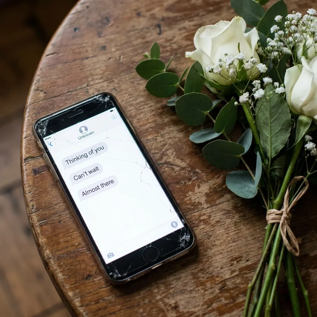 A smartphone with a shattered screen resting on a wooden table beside a bouquet of white roses, displaying messages from an 'Unknown' contact that read 'Thinking of you', 'Can't wait', and 'Almost there'.