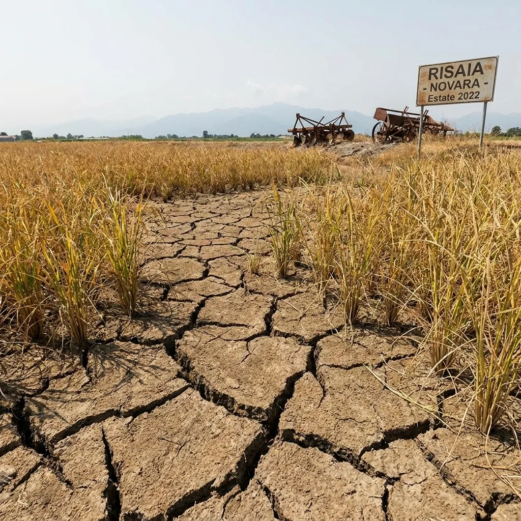 Close-up of deeply cracked earth and withered crops in a parched rice field in Novara during the summer 2022 drought, with vintage farm equipment in the background.