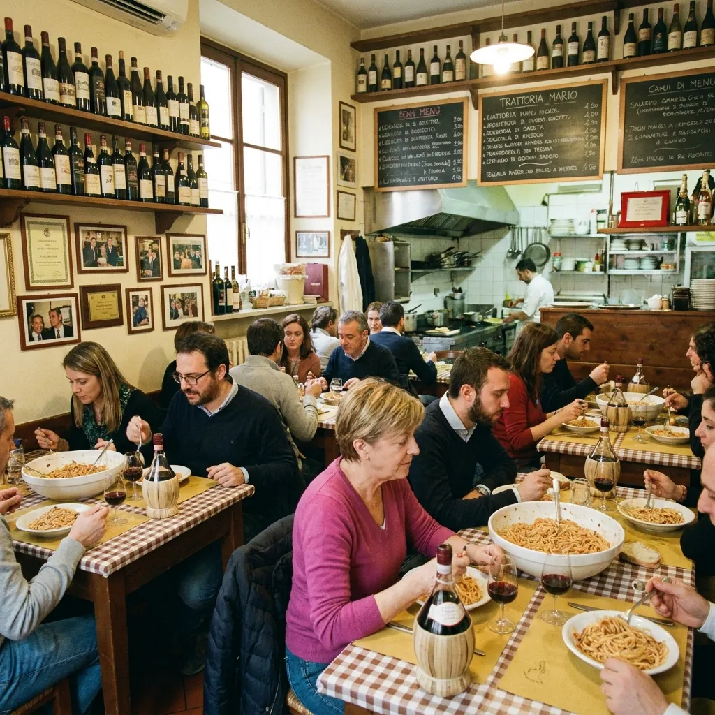 Diners eating pasta at checkered tables inside a busy Italian trattoria.