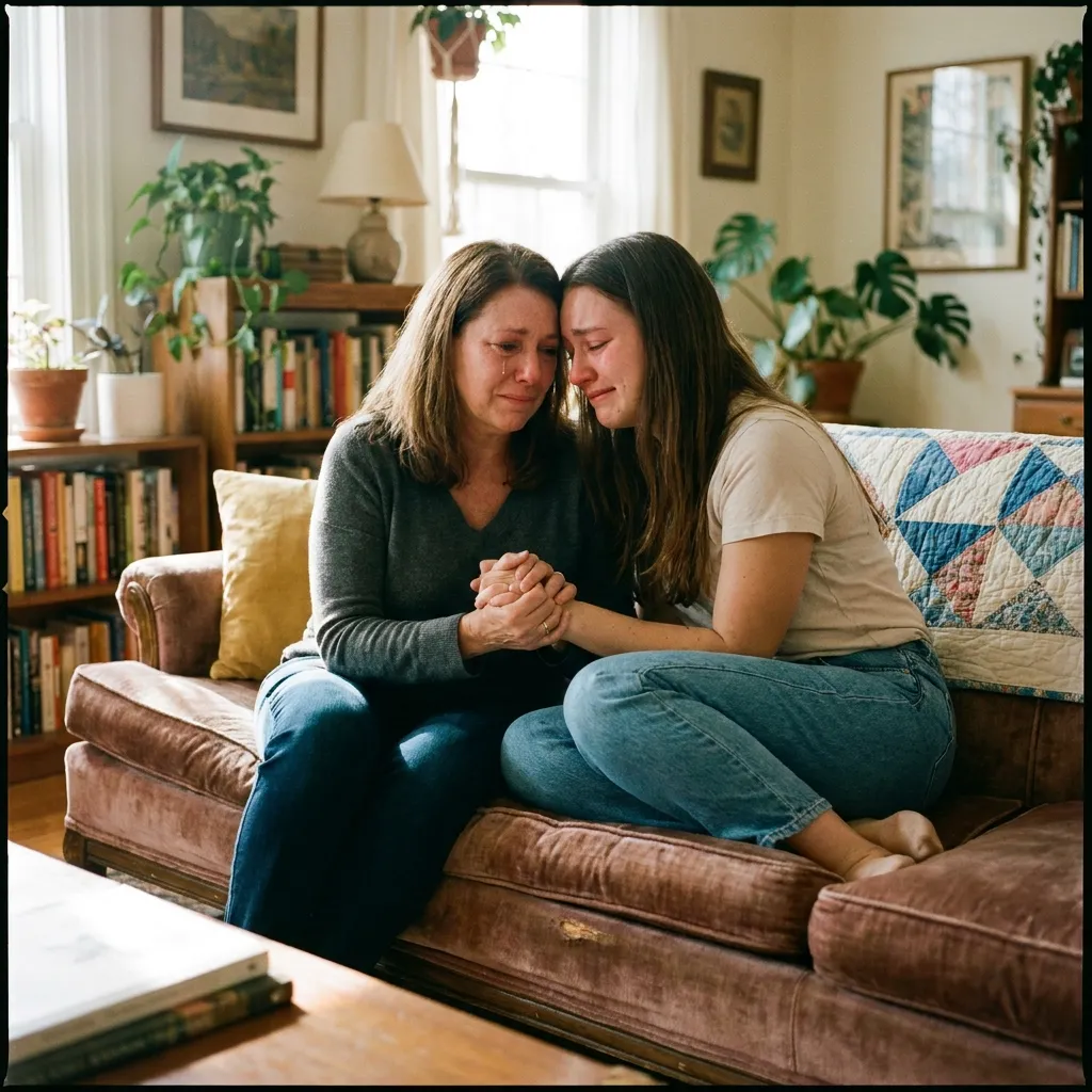 A mother and daughter sitting closely together on a brown living room couch, holding hands and crying as they comfort each other.