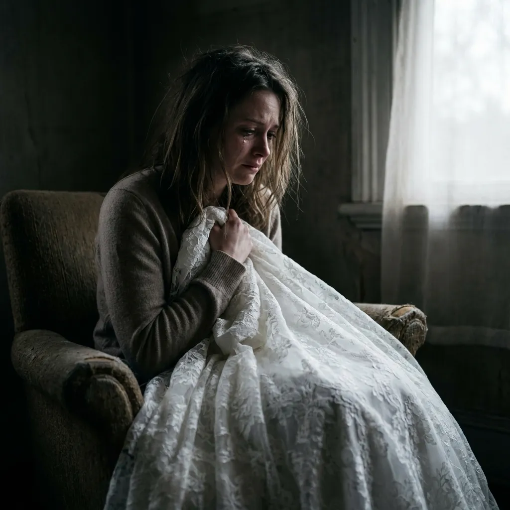A distressed woman sitting alone in an armchair in a dimly lit room, crying as she tightly clutches a white lace wedding dress to her chest.