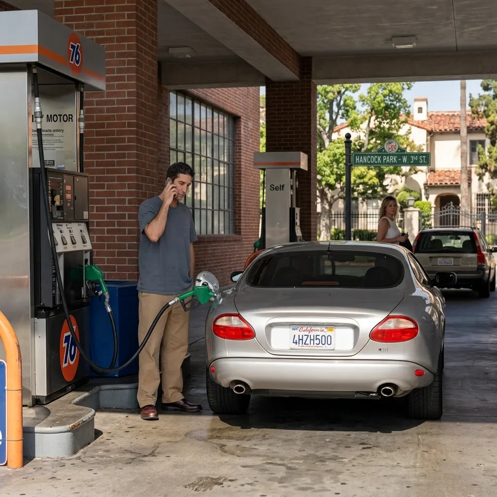 David Schwimmer talking on a cell phone, wearing a blue t-shirt and khaki pants, while pumping gas into a silver car at a 76 gas station.
