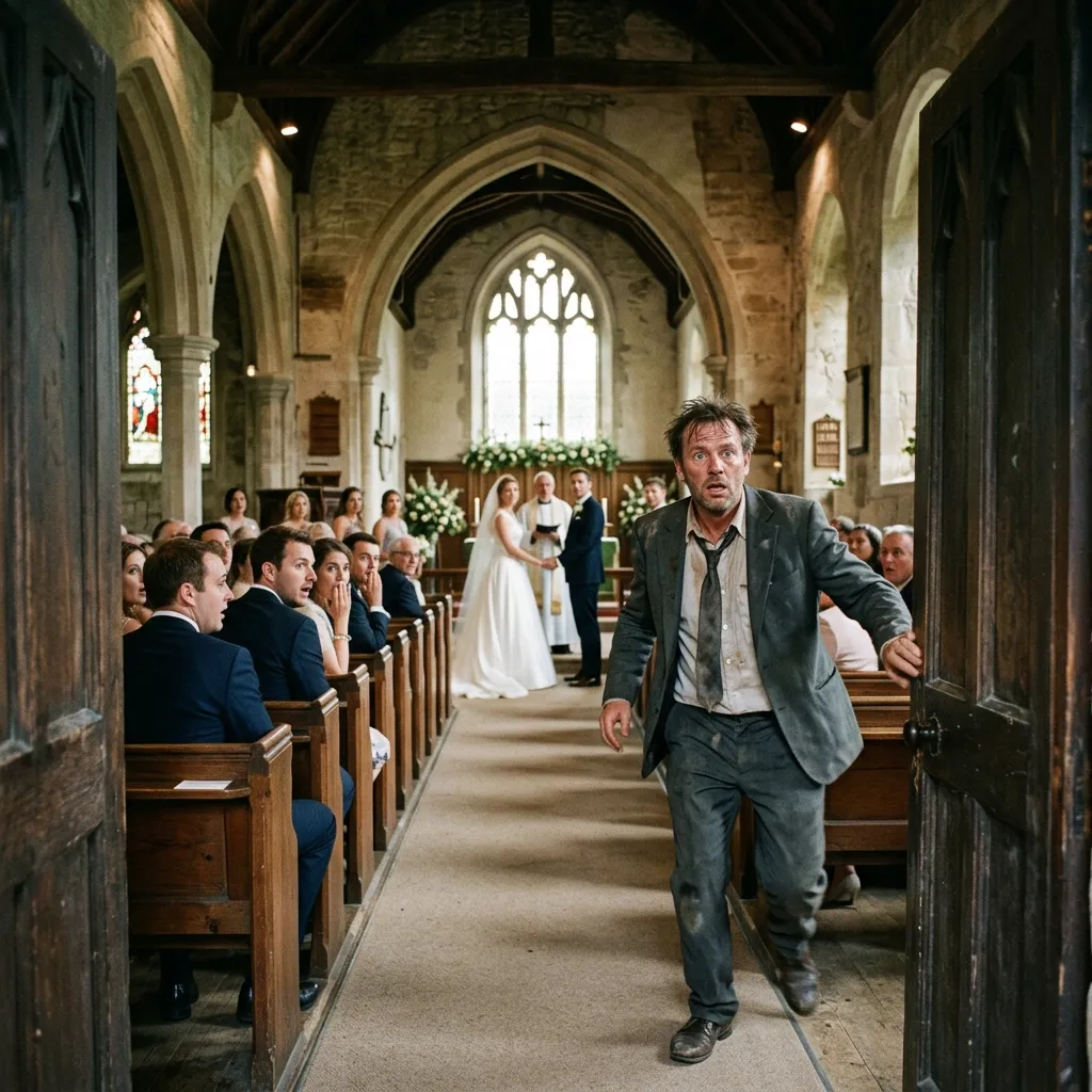 A disheveled man in a dirty grey suit bursts through the wooden doors at the back of a church, interrupting a wedding ceremony while shocked guests and the couple at the altar turn to look.