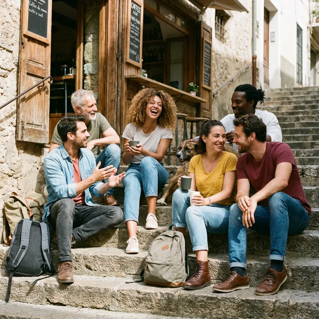 A diverse group of friends sitting together on outdoor steps laughing and enjoying a deep conversation