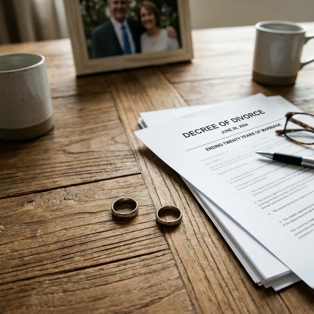A close-up of a rustic wooden desk showing two metal wedding rings resting next to a legal document titled "DECREE OF DIVORCE." A black pen, eyeglasses, and coffee mugs are also visible on the desk.