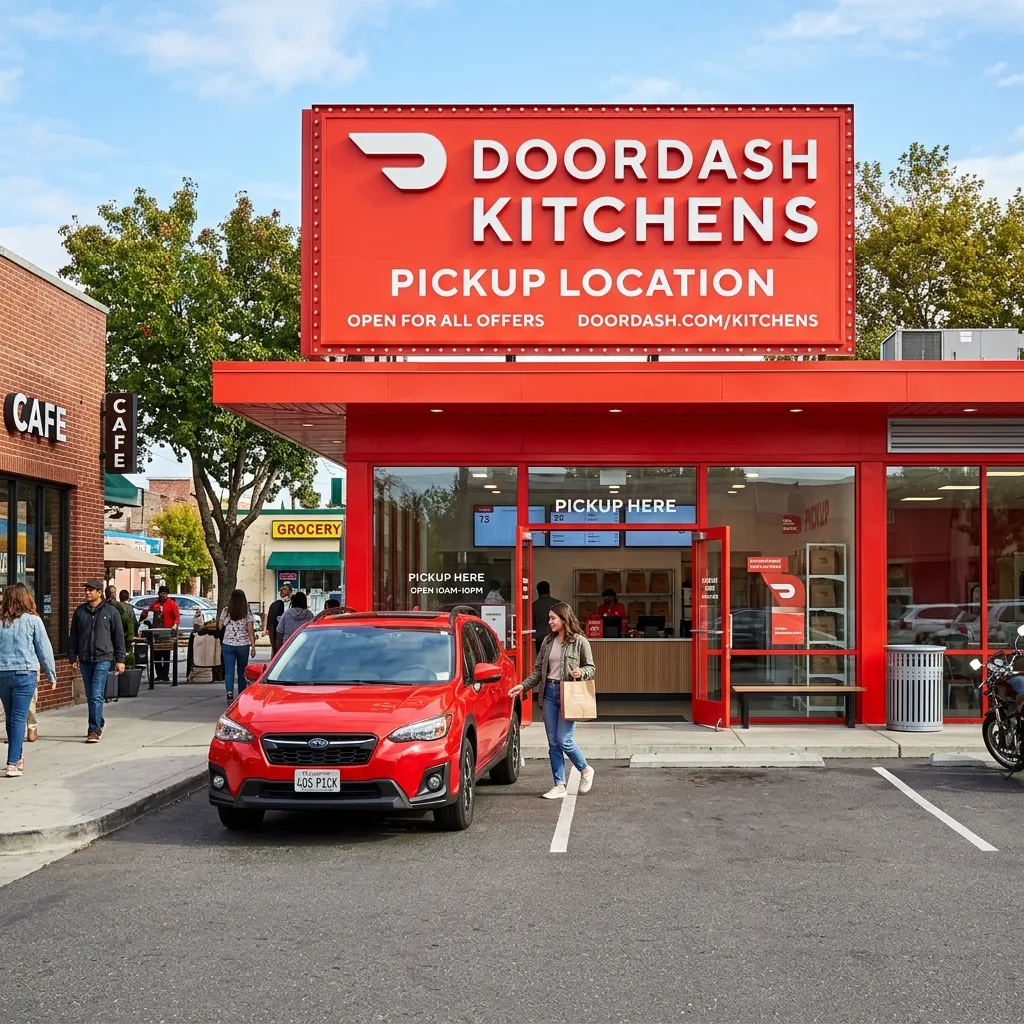 A customer carrying a paper bag exits a bright red DoorDash Kitchens pickup location and walks toward a red car parked in front.