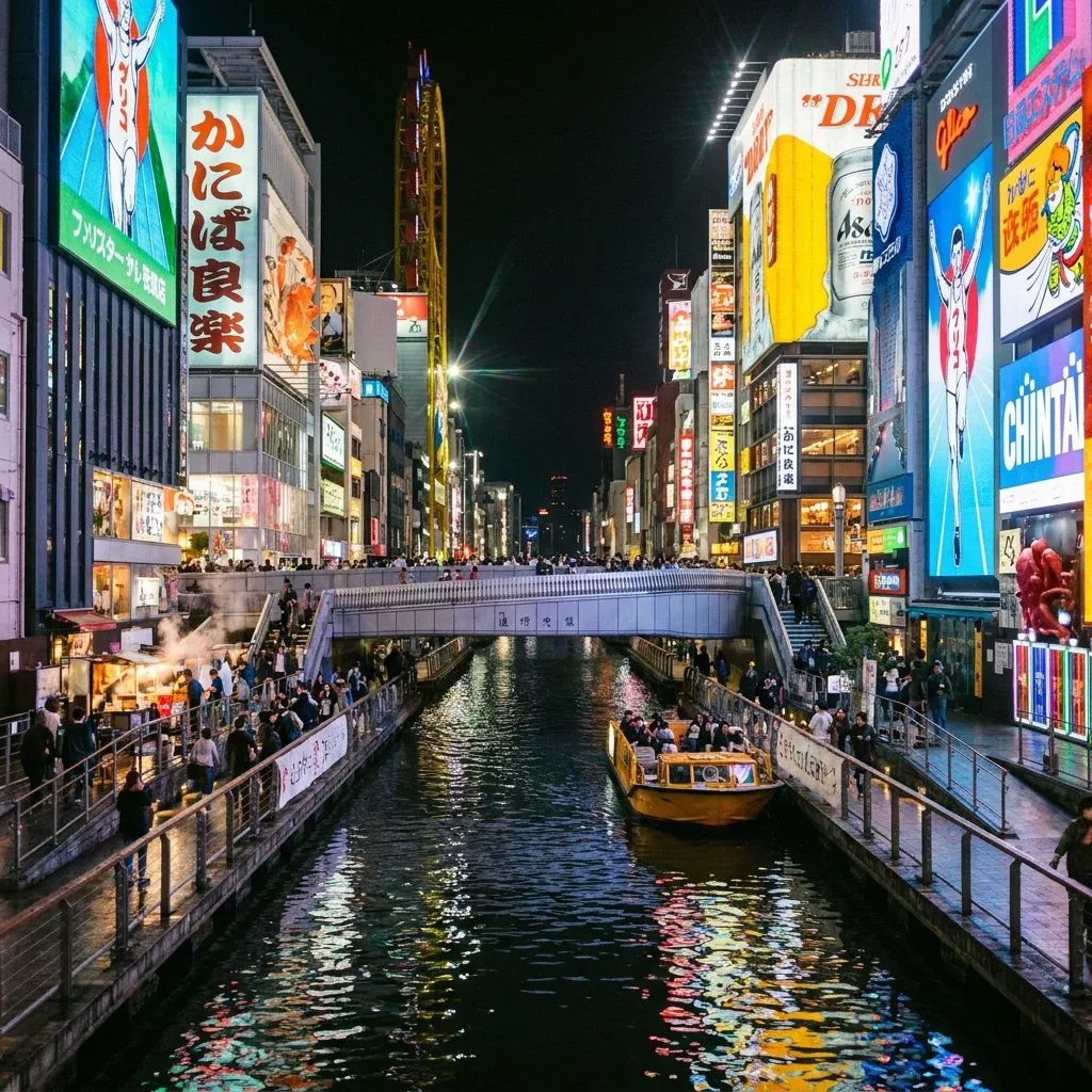 Glowing neon signboards and street food stalls lining the Dotonbori canal in Osaka at night.